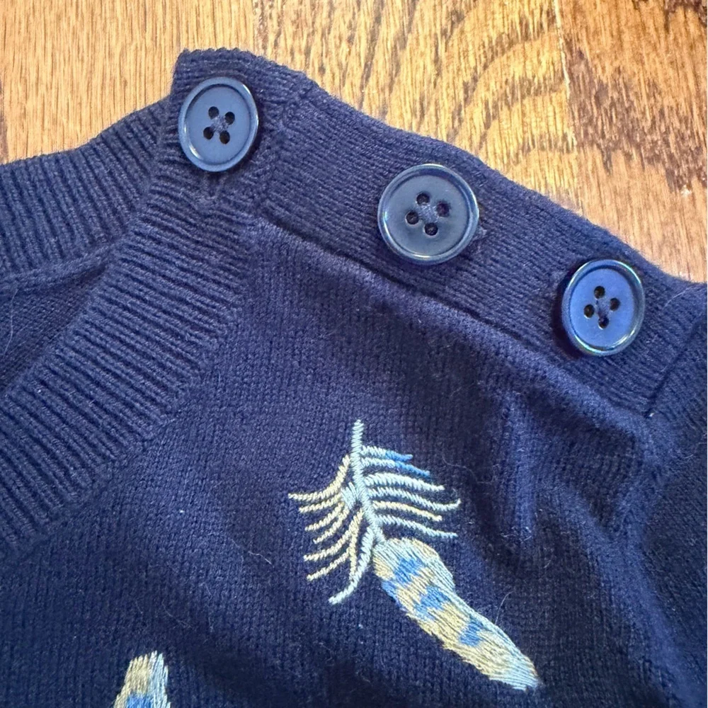 Talbots Petites Navy Lightweight Sweater Embroidered Feathers Size MP